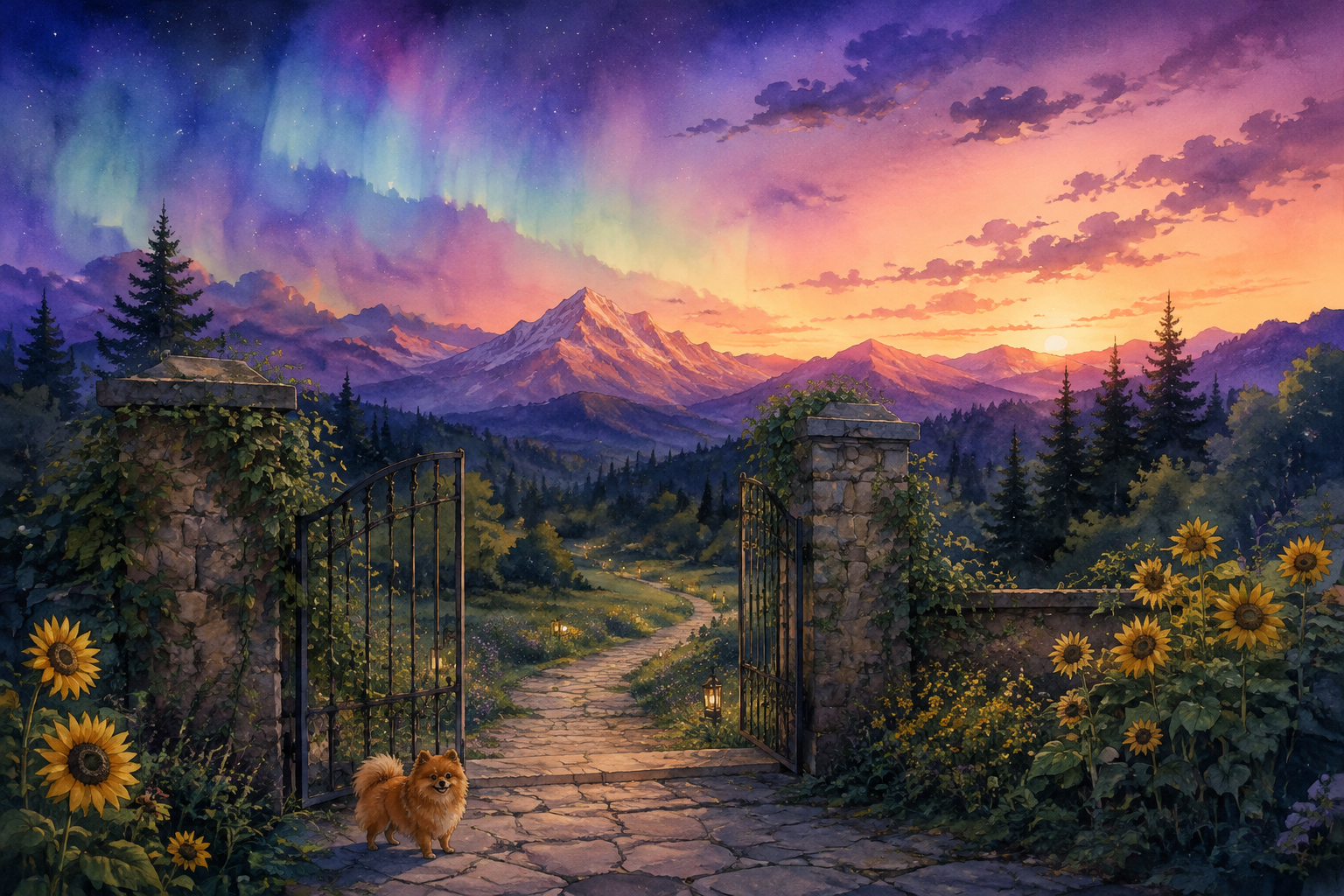A small orange Pomeranian at an open garden gate leading toward twilight mountains, surrounded by sunflowers
